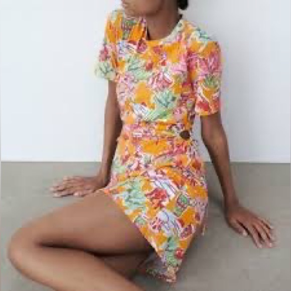 Zara Orange Mini Tropical Jungle Print Cutout Dress - Picture 4 of 12